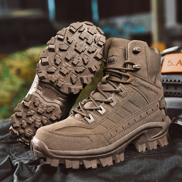 Brown boots displayed on dark fabric, one upright and one tilted to show its chunky tread 7