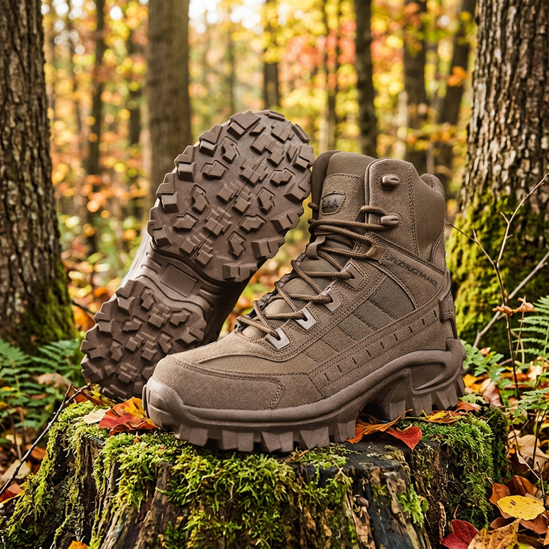 Brown suede hiking boot on a mossy stump, with a second boot showing its chunky tread 1