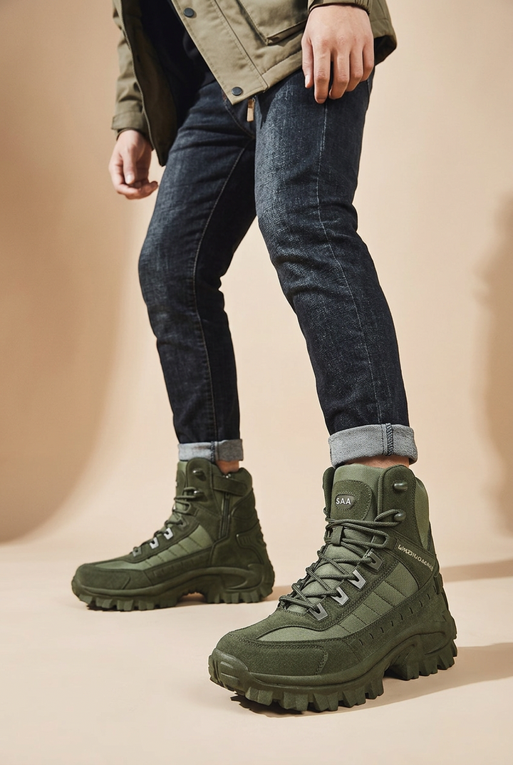 Model in dark jeans and a khaki jacket wearing olive green lace-up boots with chunky soles 1