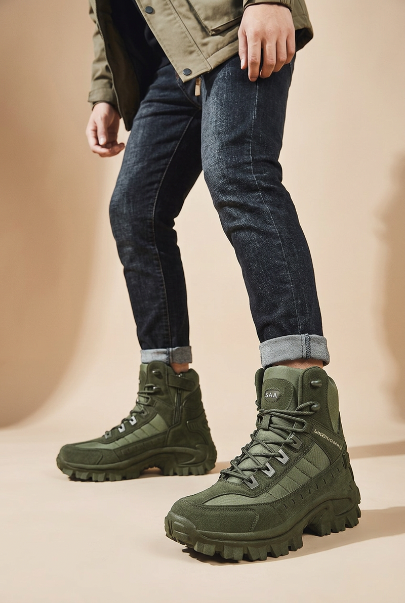 Model in dark jeans and a khaki jacket wearing olive green lace-up boots with chunky soles 1