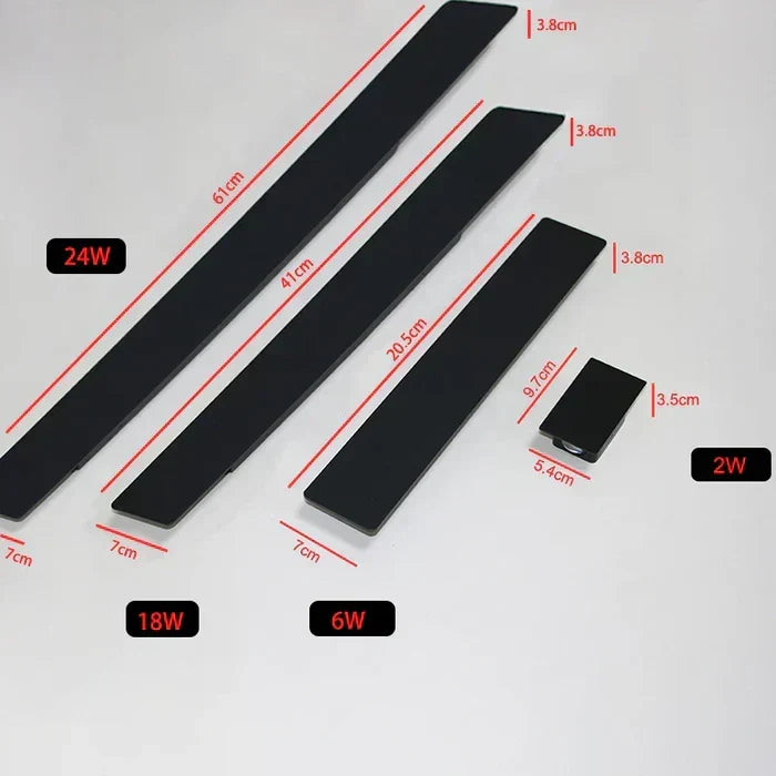 Four black sizes of the lamp laid flat, with length, width and depth dimensions marked 5