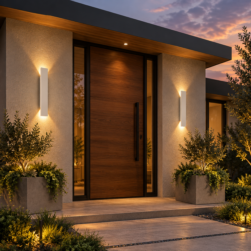 Two white slim wall lights glowing at dusk either side of a wooden front door 1