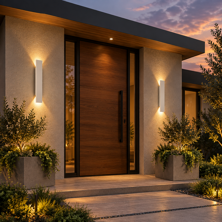 Two white slim wall lights glowing at dusk either side of a wooden front door 1