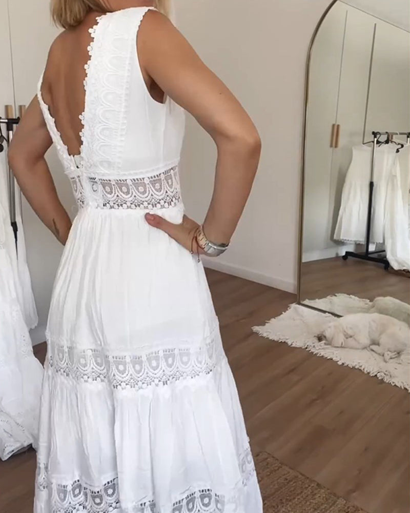 White Lace Midi Dress with V-neck - Celina-White-S-State of Style