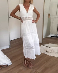White Lace Midi Dress with V-neck - Celina-White-S-State of Style