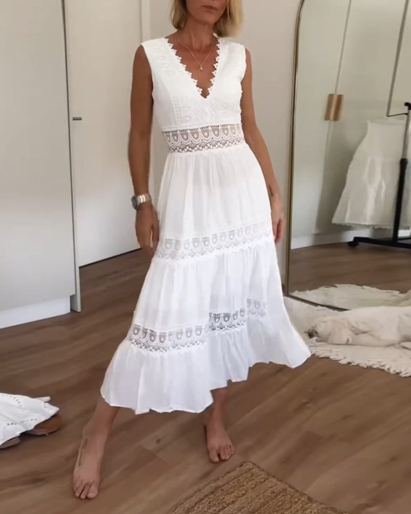 White Lace Midi Dress with V-neck - Celina-White-S-State of Style