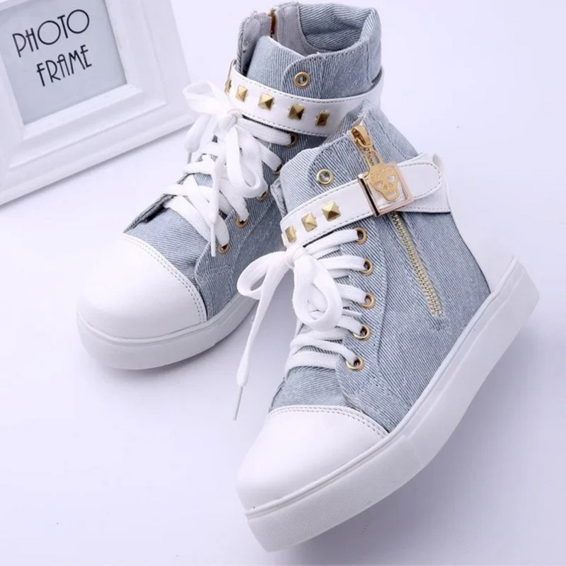 White Leather High Sneakers with Zip for Ladies - Ava-Blue-4-State of Style