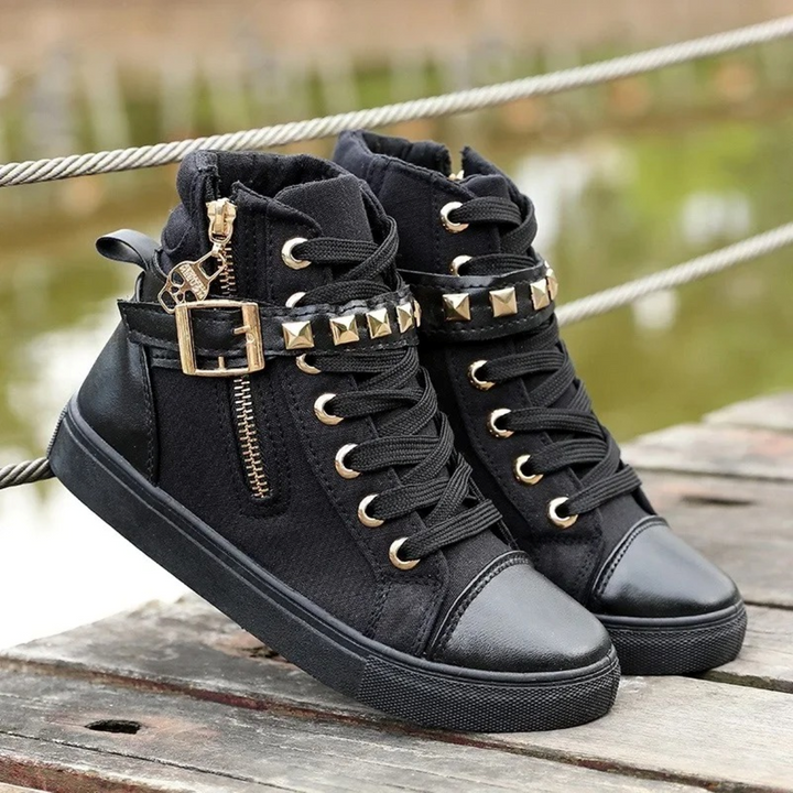 White Leather High Sneakers with Zip for Ladies - Ava-White-4-State of Style