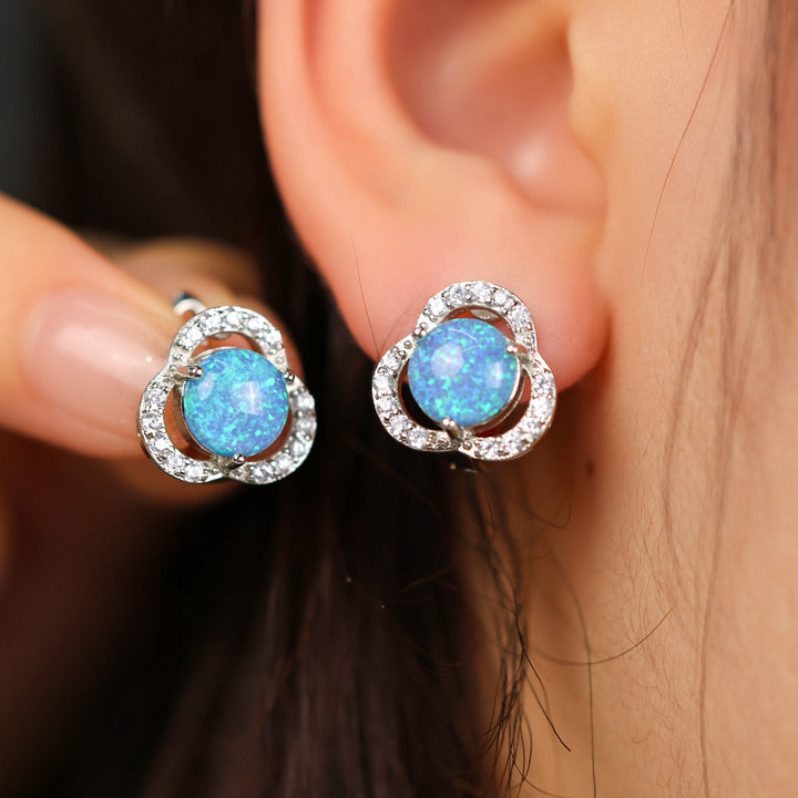 White Opal & Zircon Clover Leaf Earrings - Elara-Blue Opal and Silver-State of Style