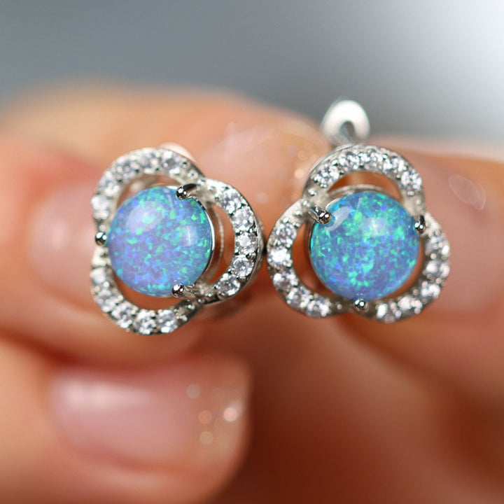 White Opal & Zirconia Clover Earrings - Elara-Blue Opal & Rose Gold-State of Style