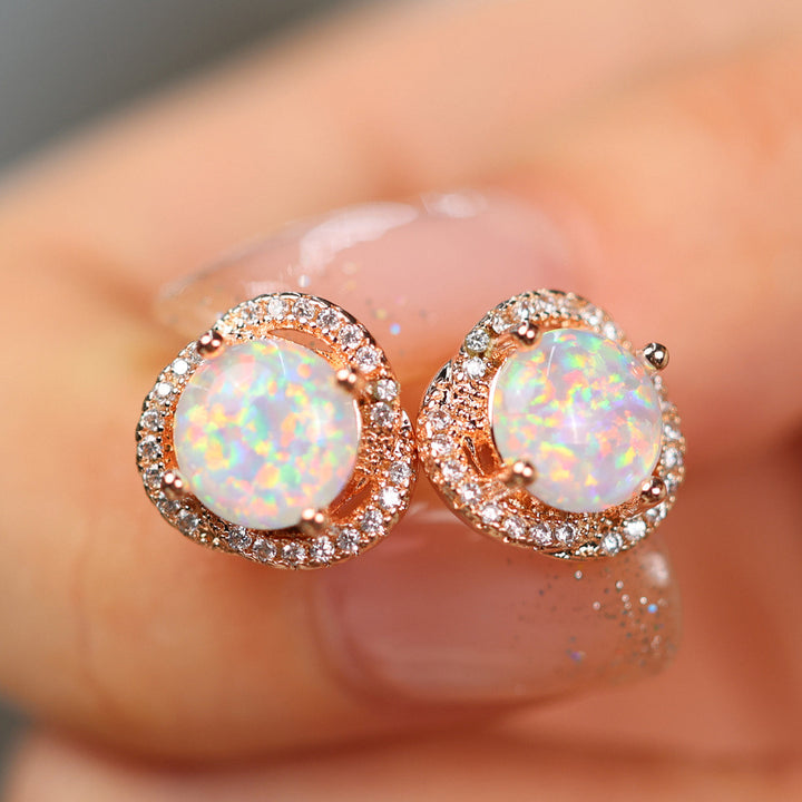 White Opal & Zirconia Clover Earrings - Elara-Blue Opal & Rose Gold-State of Style