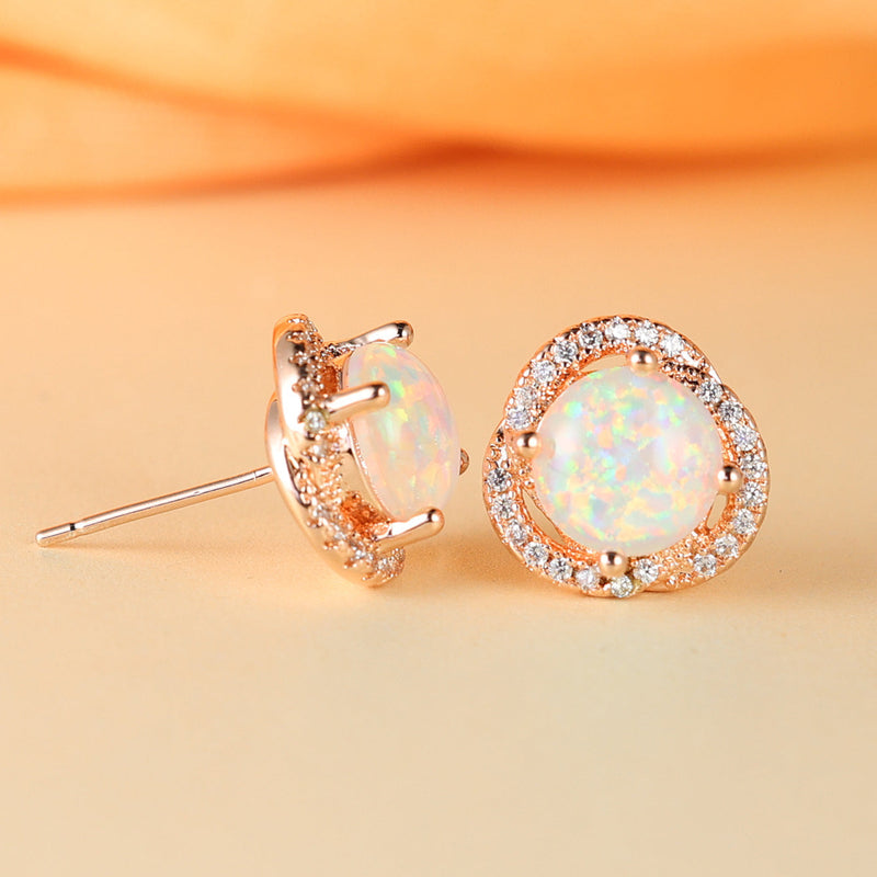 White Opal & Zirconia Clover Earrings - Elara-Blue Opal & Rose Gold-State of Style