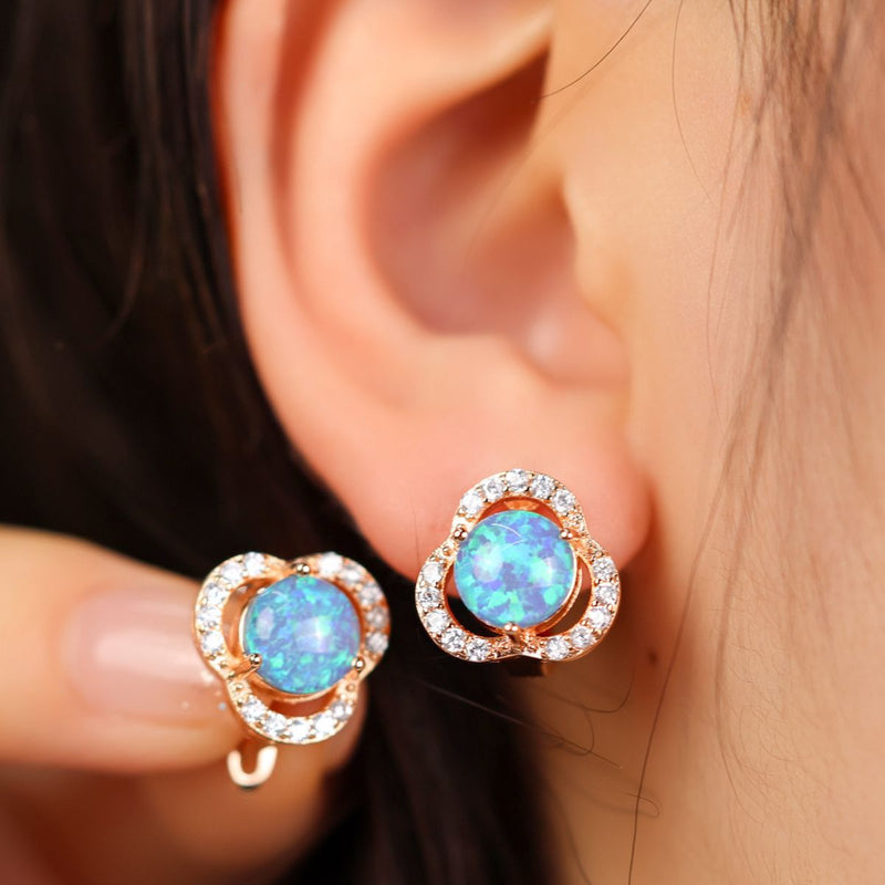 White Opal & Zirconia Clover Earrings - Elara-Blue Opal & Rose Gold-State of Style