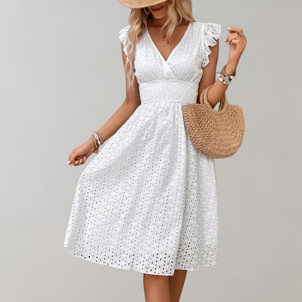 White Summer Dress with Ruffled Sleeves - Lina-S-State of Style