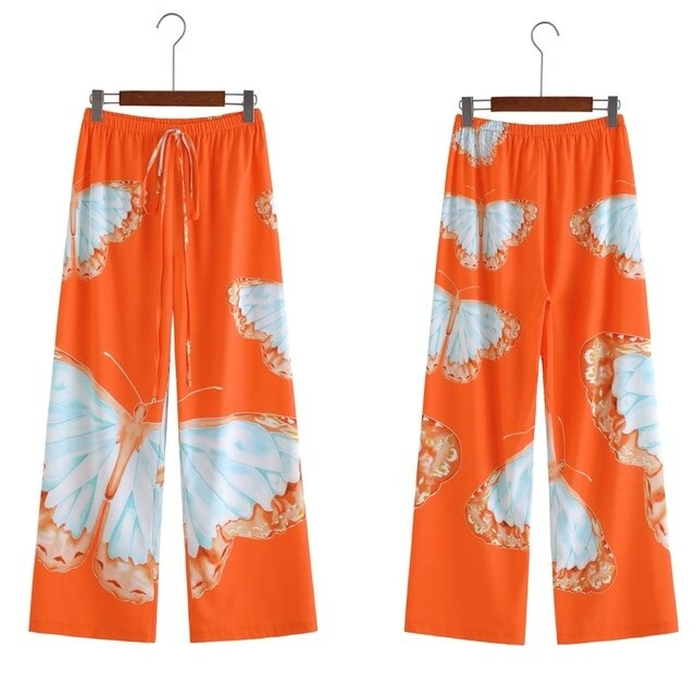 Wide-cut summer trousers made of chiffon – Liana-Orange-S-State of Style