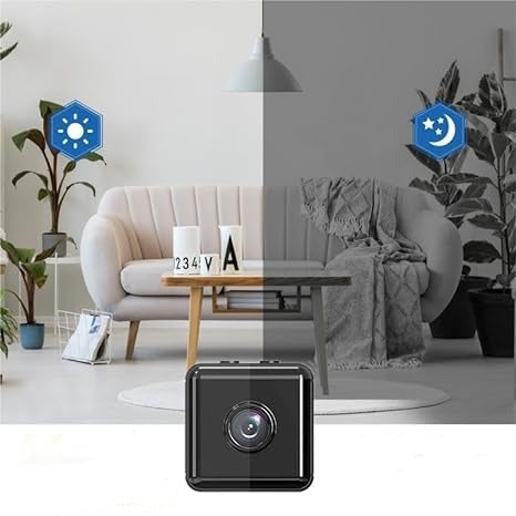 Black cube camera below a living room divided into day and night vision halves, marked with sun and moon icons 7