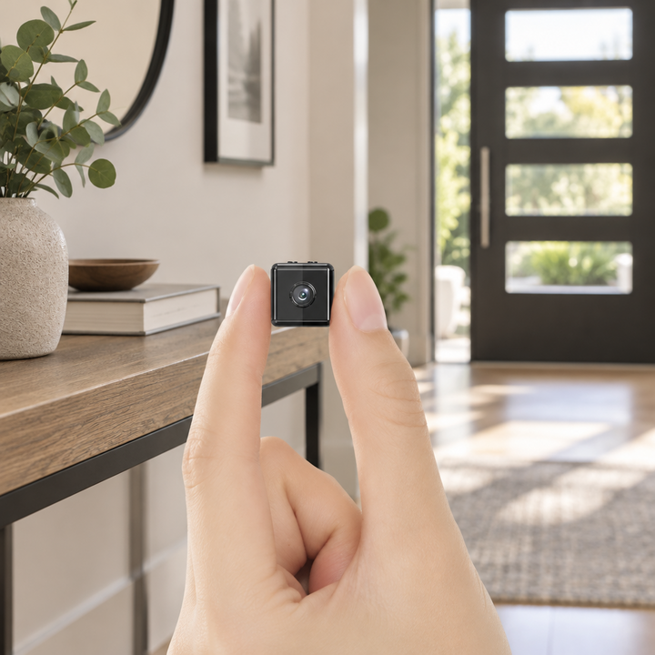 Tiny black cube camera held between finger and thumb in a bright hallway beside a console table 1