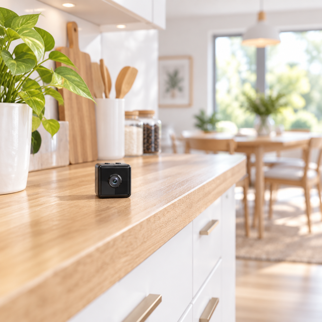 Small black cube camera resting on a wooden kitchen worktop beside a plant and chopping boards 1