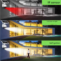 Three night views of a modern house showing infrared, full-colour lighting and a woman triggering the lights 11