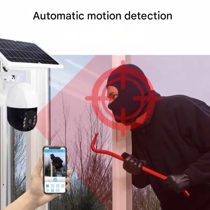 Masked intruder holding a crowbar targeted in red, with a hand holding a phone showing the alert 12