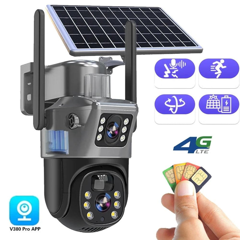 Camera on white background with feature icons, 4G logo and a hand holding SIM cards 3
