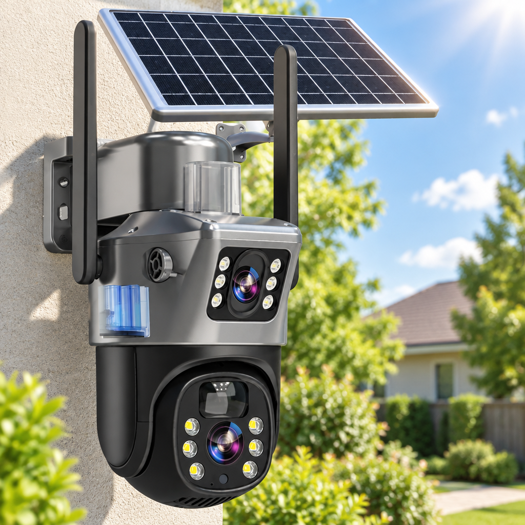 Dual-lens camera with solar panel mounted on a house wall in bright sunshine with garden behind 14