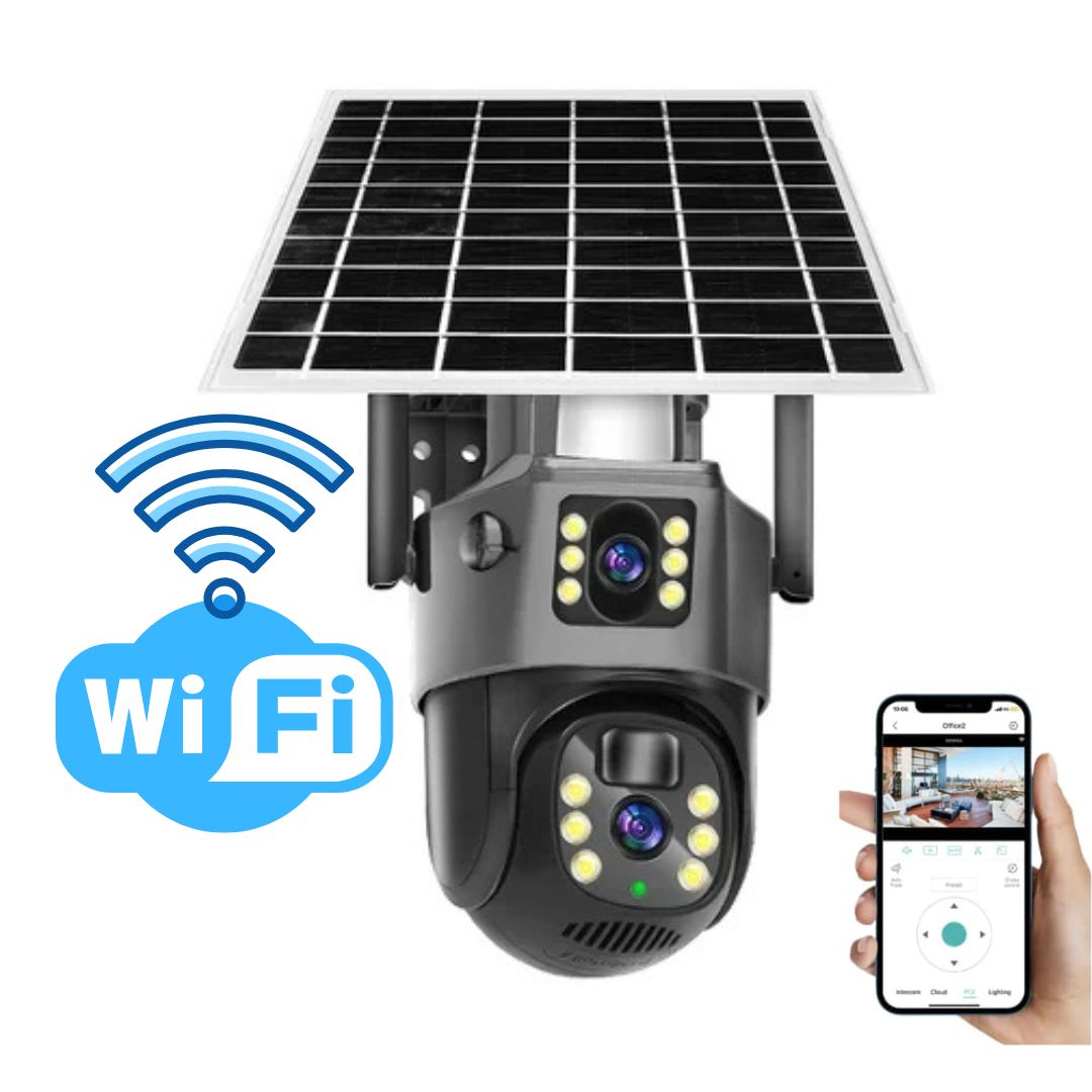 Camera with solar panel next to a Wi-Fi symbol and a phone showing its control screen 4
