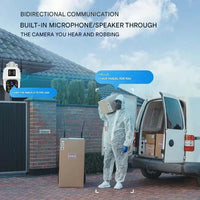 Camera by a gate talking to a delivery person in white overalls carrying a parcel 6