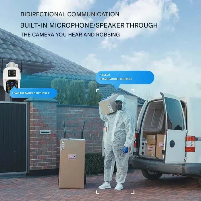 Camera by a gate talking to a delivery person in white overalls carrying a parcel 6