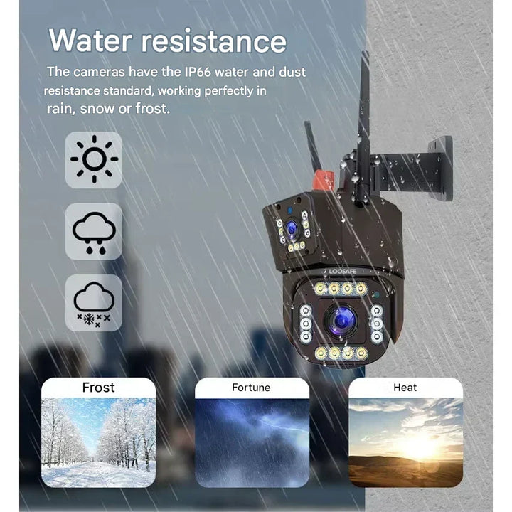 Black camera on a wall in heavy rain, with icons for sun, rain and snow 9