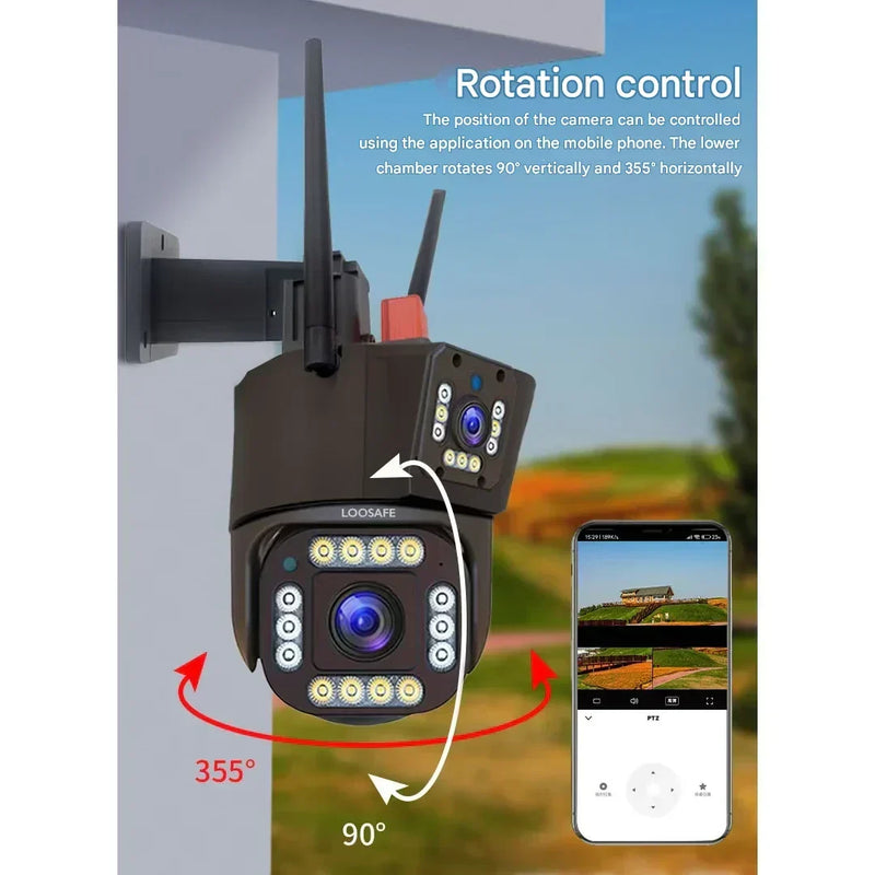 Dark camera on a wall with arrows showing 355 degree horizontal and 90 degree vertical rotation, plus phone controls 10