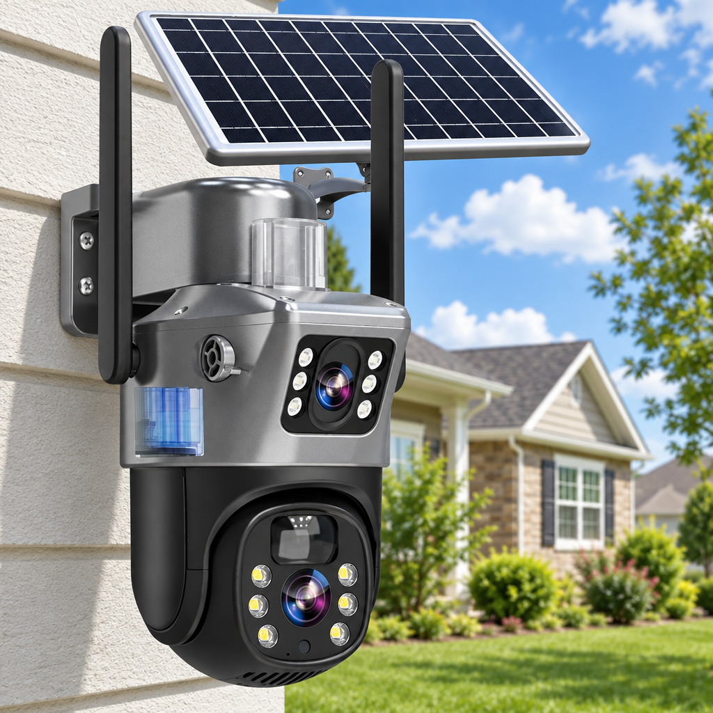Dual-lens camera with solar panel and antennas fixed to a cream wall in front of a suburban house 14