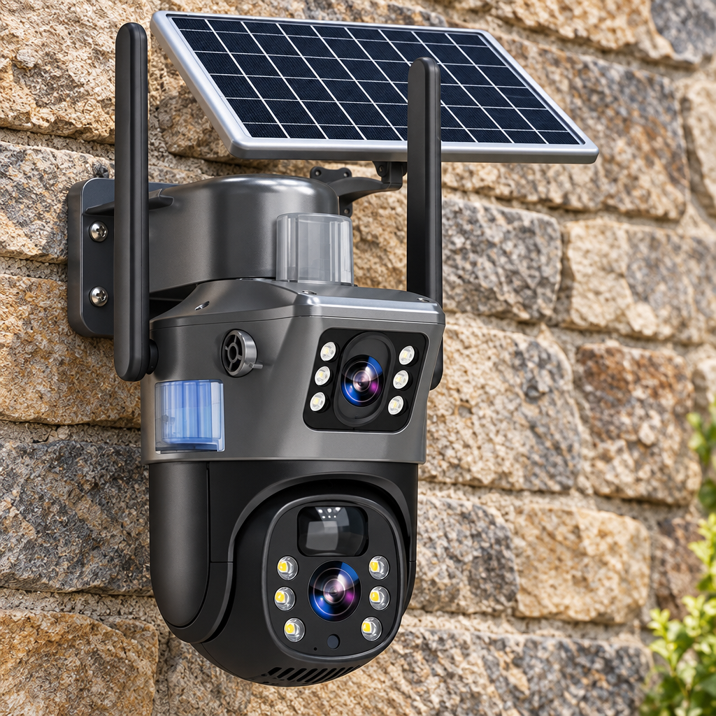 Dual-lens solar camera mounted on a rough stone wall, seen close up from the front-left 14