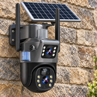 Dual-lens solar camera mounted on a rough stone wall, seen close up from the front-left 14