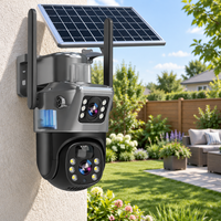 Dual-lens solar security camera mounted on a rendered wall above a sunny garden with patio furniture 1