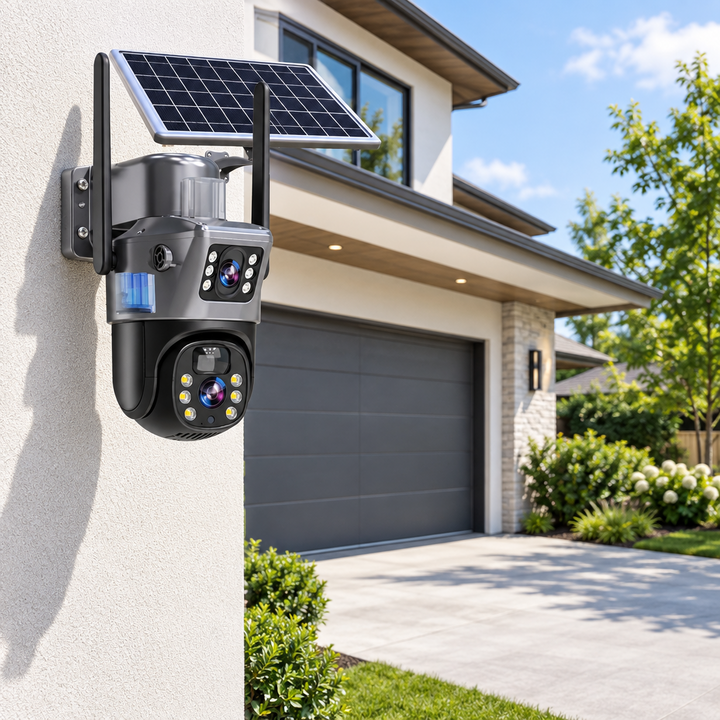 Dual-lens solar camera mounted on a white rendered wall beside a garage and driveway 1