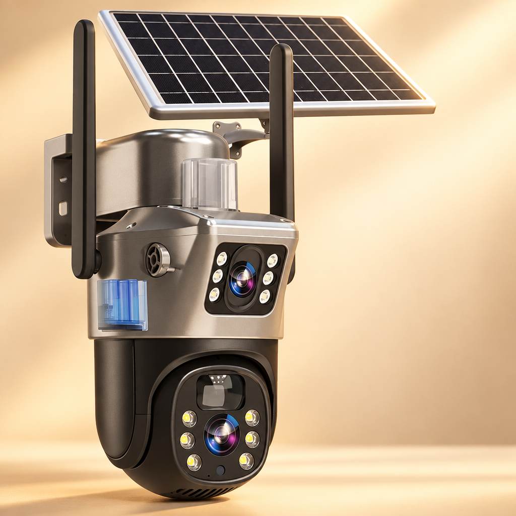 Dual-lens solar camera with antennas on a warm cream background, shown at a slight angle 14