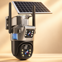 Dual-lens solar camera with antennas on a warm cream background, shown at a slight angle 14