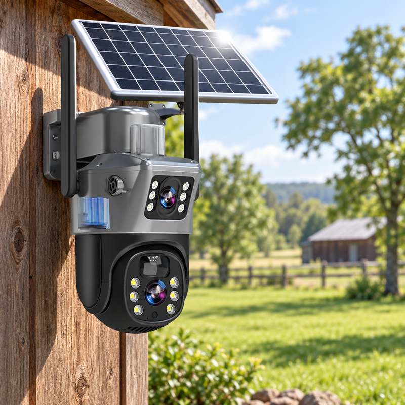 Dual-lens camera with solar panel and two antennas mounted on a wooden barn wall overlooking a sunny field 1