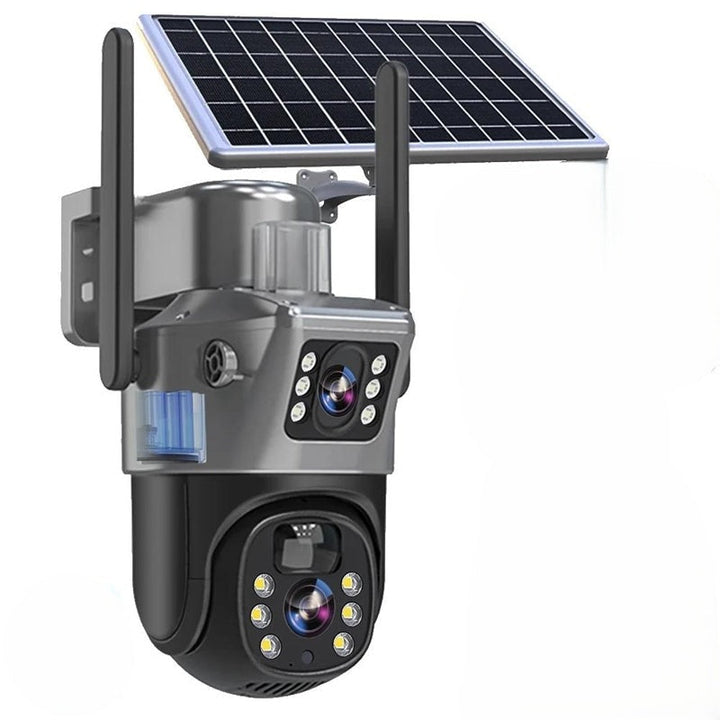 Front view of the camera on a plain white background, with solar panel and two antennas 2