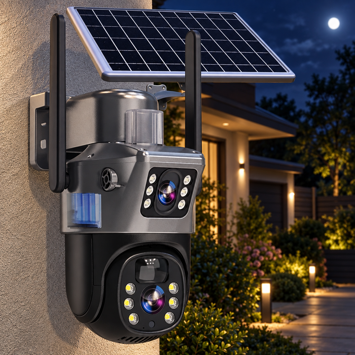 Solar security camera mounted on a house wall at night, with a full moon and garden lights 1