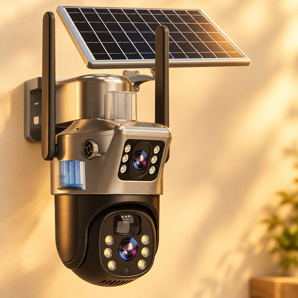 Close-up of the camera on a wall in warm evening light, showing both lenses and the panel 14