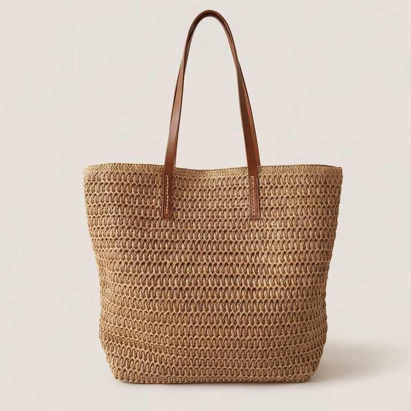 Rattan Woven Bag with Leather Straps - SummerBreeze Tote
