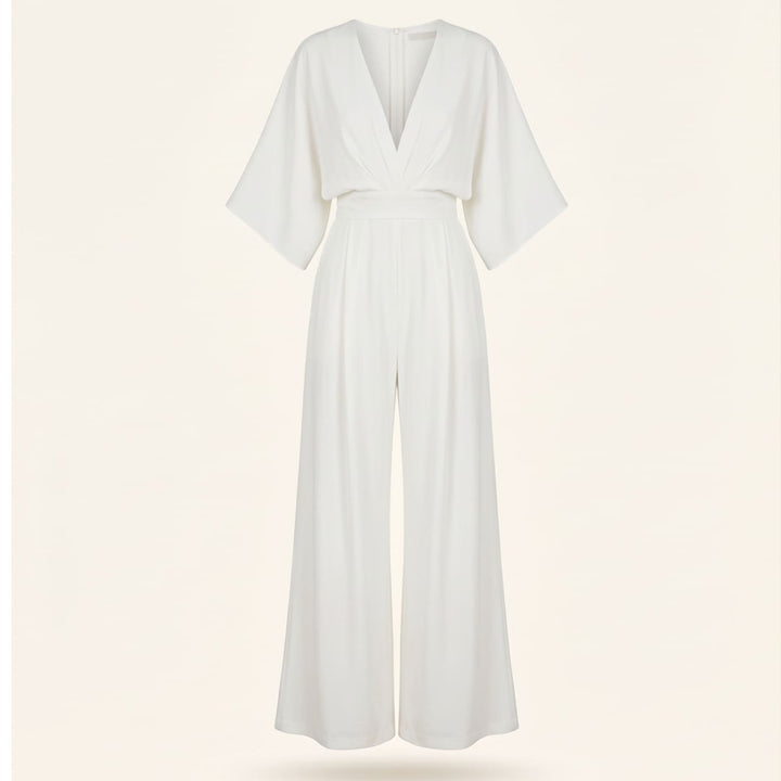 V-neck Jumpsuit with Three-Quarter Sleeves - Aurora Chic
