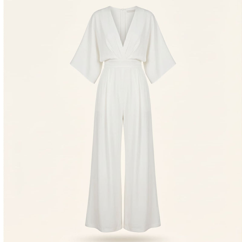 V-neck Jumpsuit with Three-Quarter Sleeves - Aurora Chic