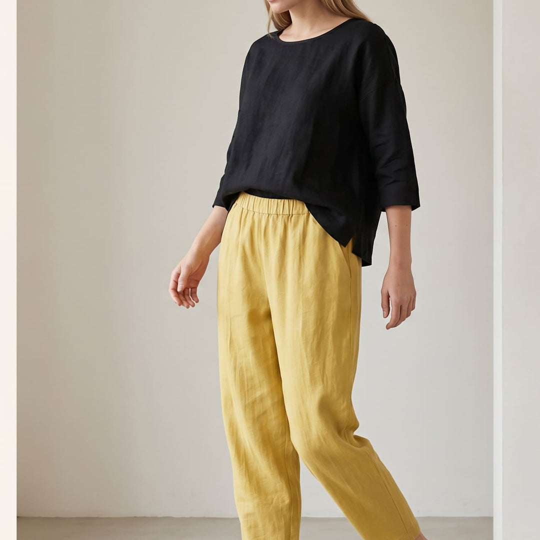 Women's summer trousers made of a linen-cotton blend with an elastic waistband - Clara