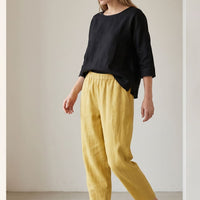 Women's summer trousers made of a linen-cotton blend with an elastic waistband - Clara