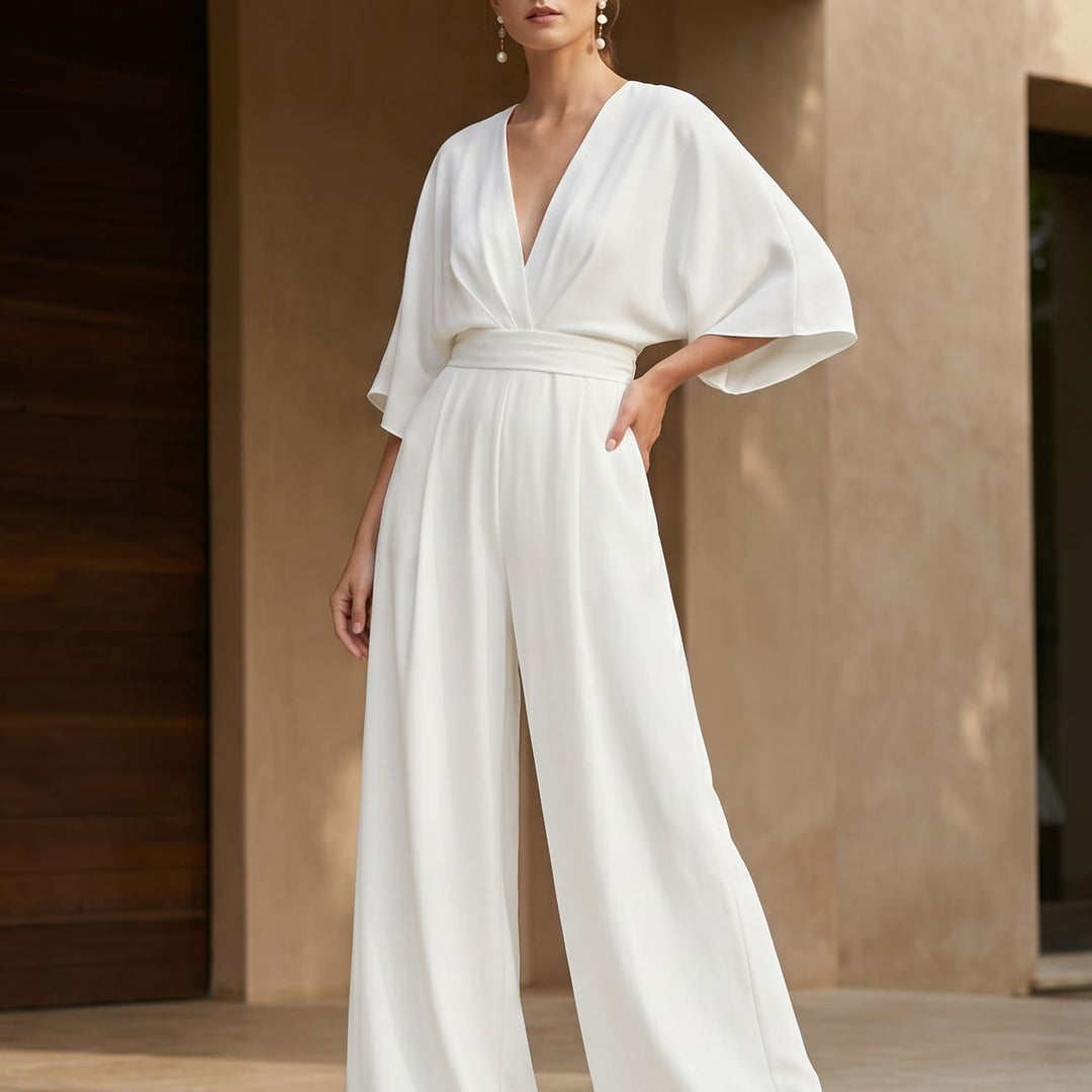 V-neck Jumpsuit with Three-Quarter Sleeves - Aurora Chic