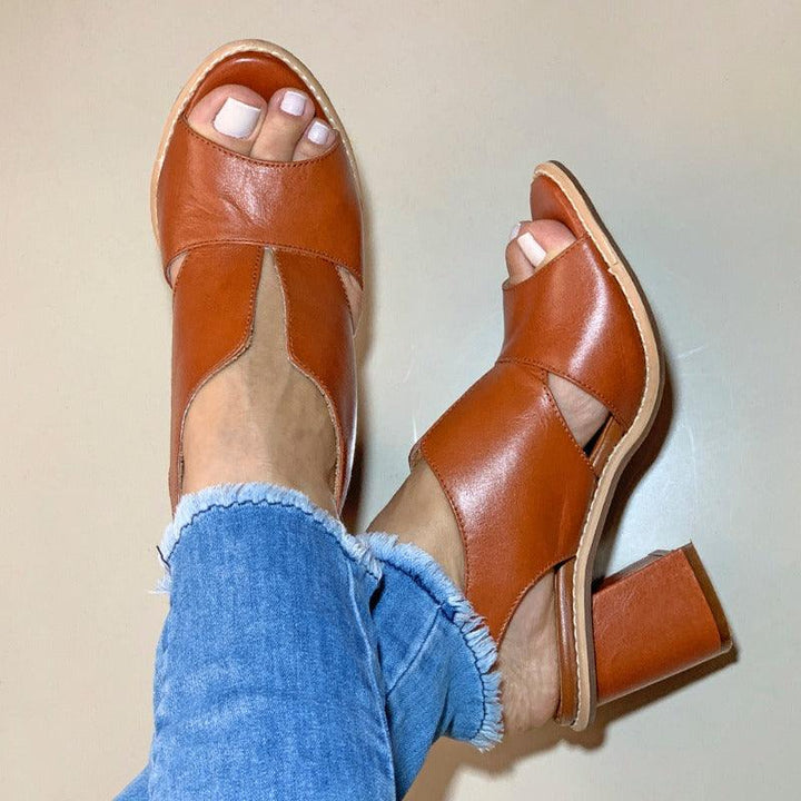 Women’s leather sandals with heel & comfort footbed – Selina-Brown-2.5-State of Style