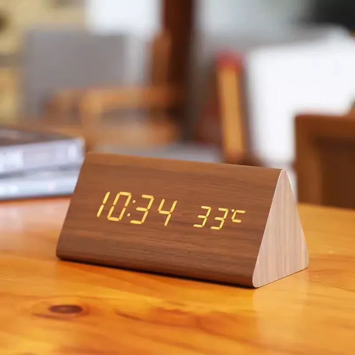 Wooden LED Clock with Voice Control - EcoClock-Brown-triangle-State of Style